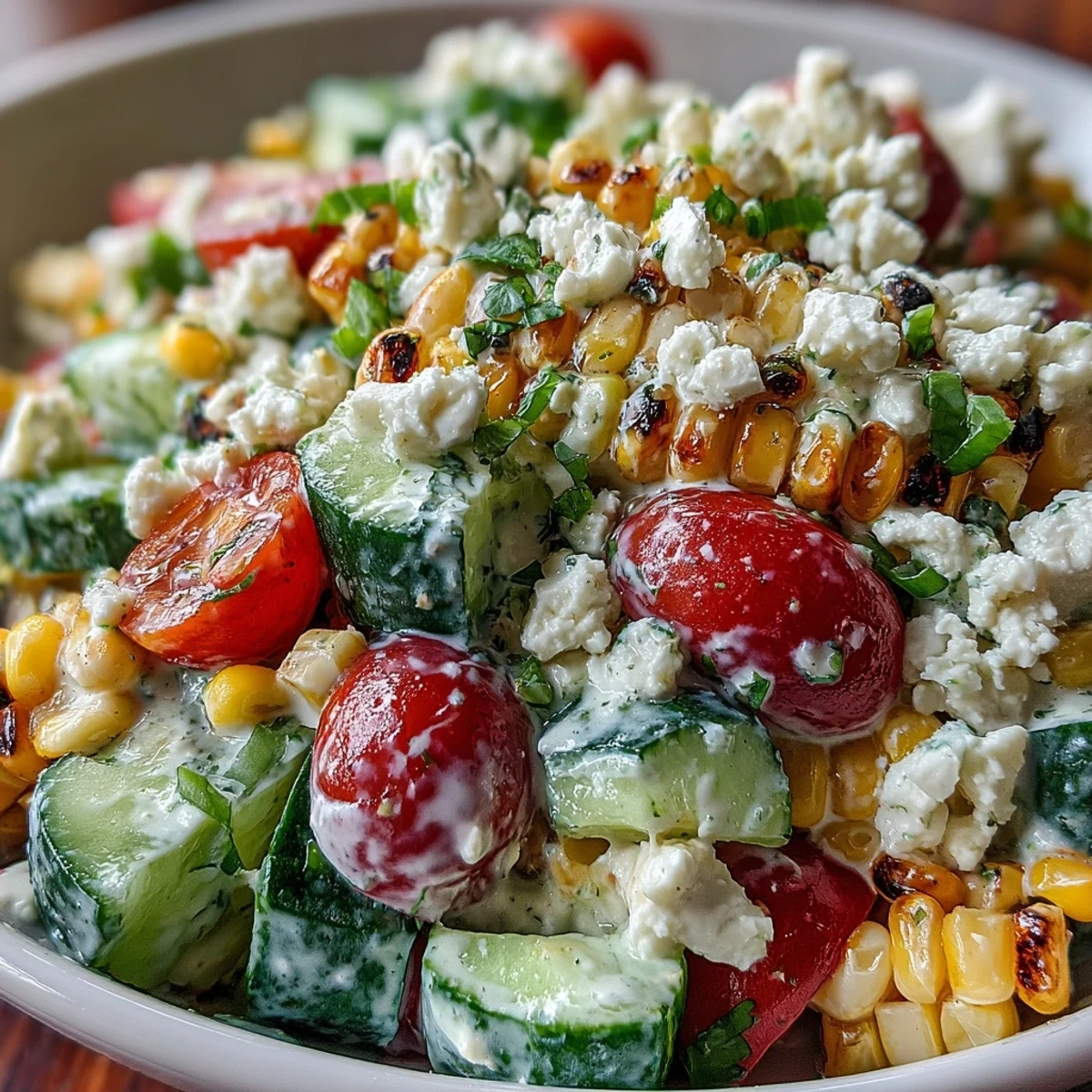 Fresh corn, diced cucumber, and cherry tomatoes tossed in a creamy zesty lime dressing.