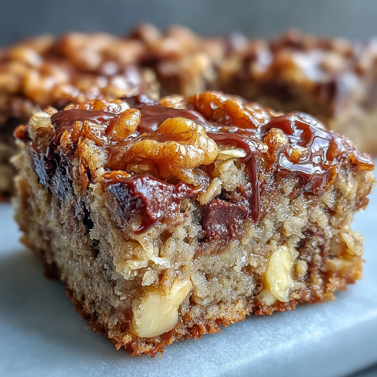 Soft, chewy baked oatmeal bars with banana and maple syrup on a plate.