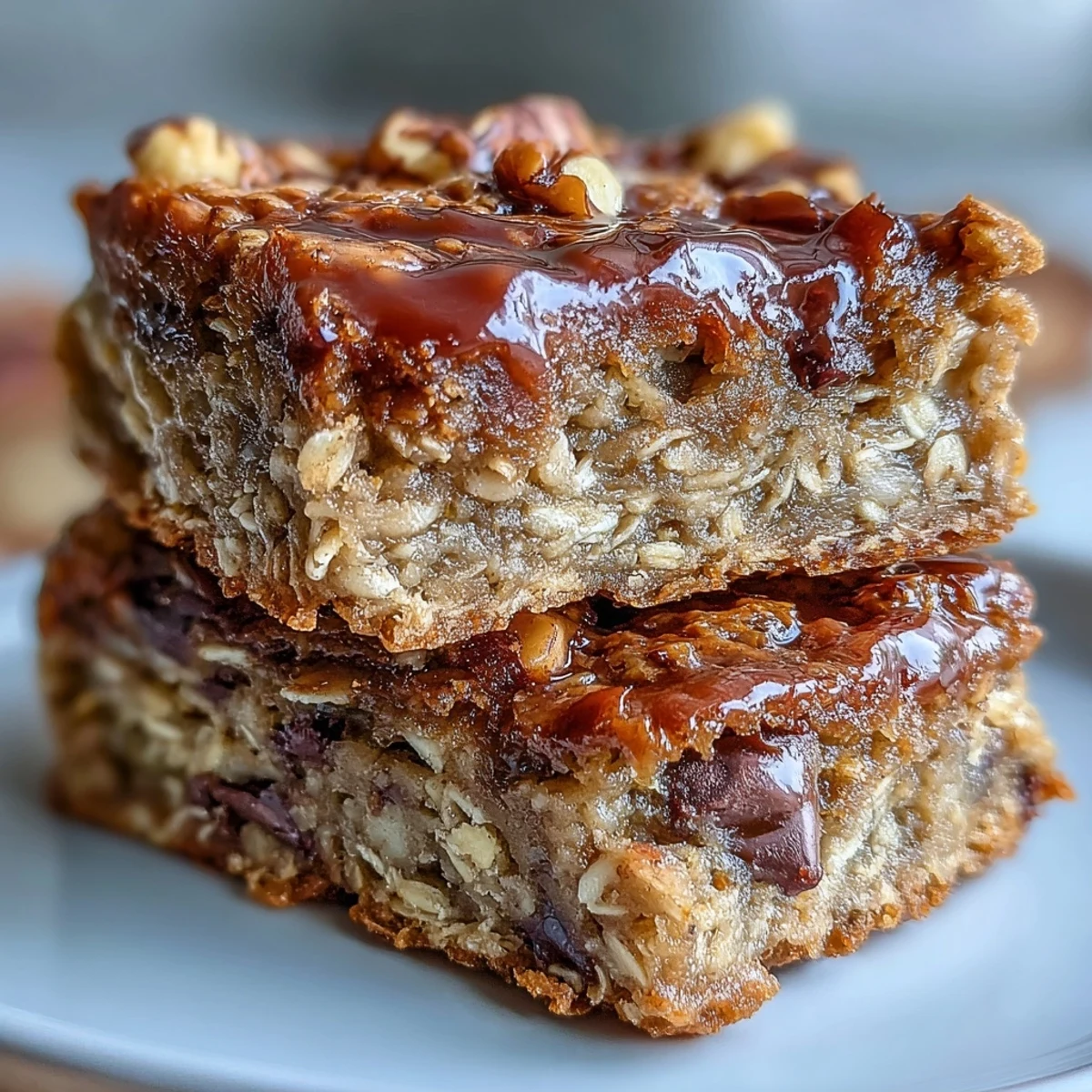 Freshly baked oatmeal bars with sliced bananas and nuts on a white marble countertop.