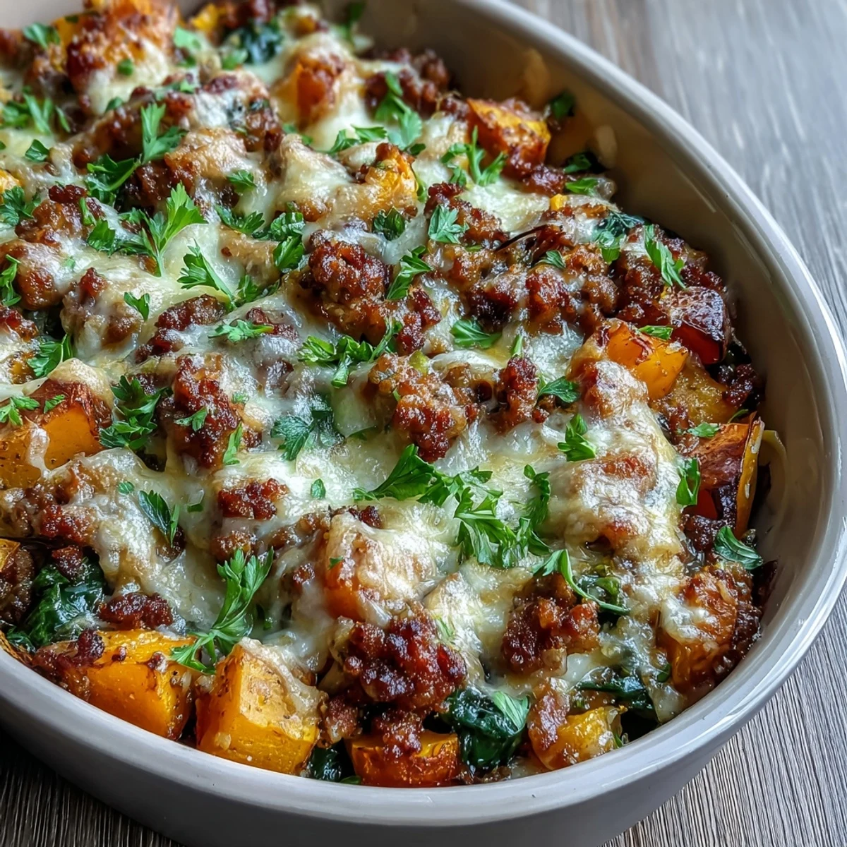 A hearty slice of Cozy Butternut Squash & Sausage Casserole revealing layers of roasted squash and savory sausage inside.