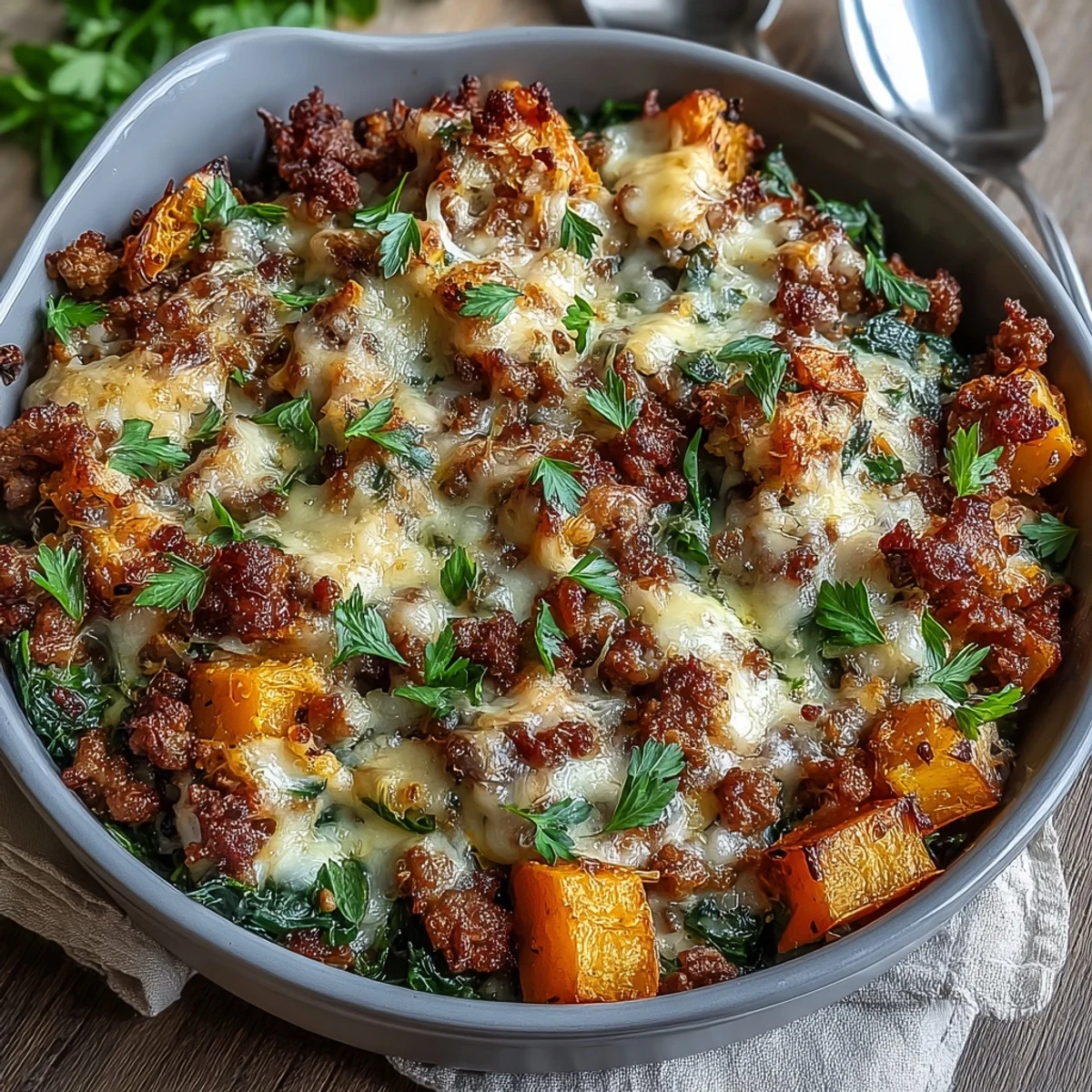 Cozy Butternut Squash & Sausage Casserole topped with fresh parsley, ready to be served for a family dinner.