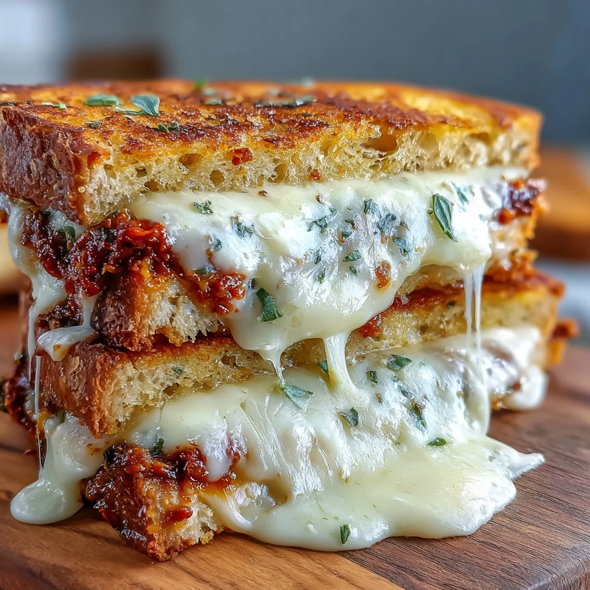 Golden-brown Sun-Dried Tomato Pesto Grilled Cheese oozing melted mozzarella on a plate.