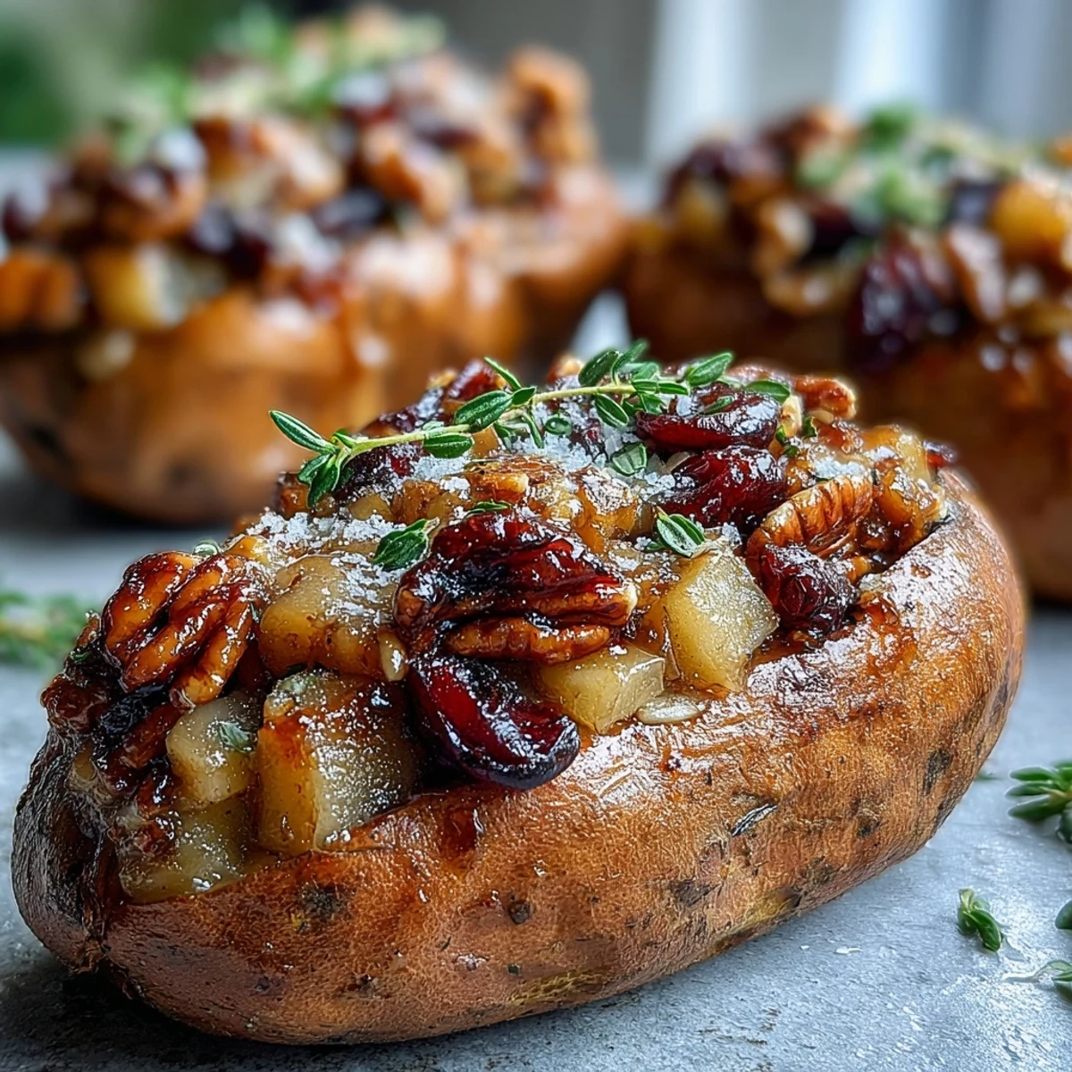 Golden-brown roasted sweet potatoes filled with caramelized apples, tart cranberries, and crunchy pecans, drizzled with maple syrup.