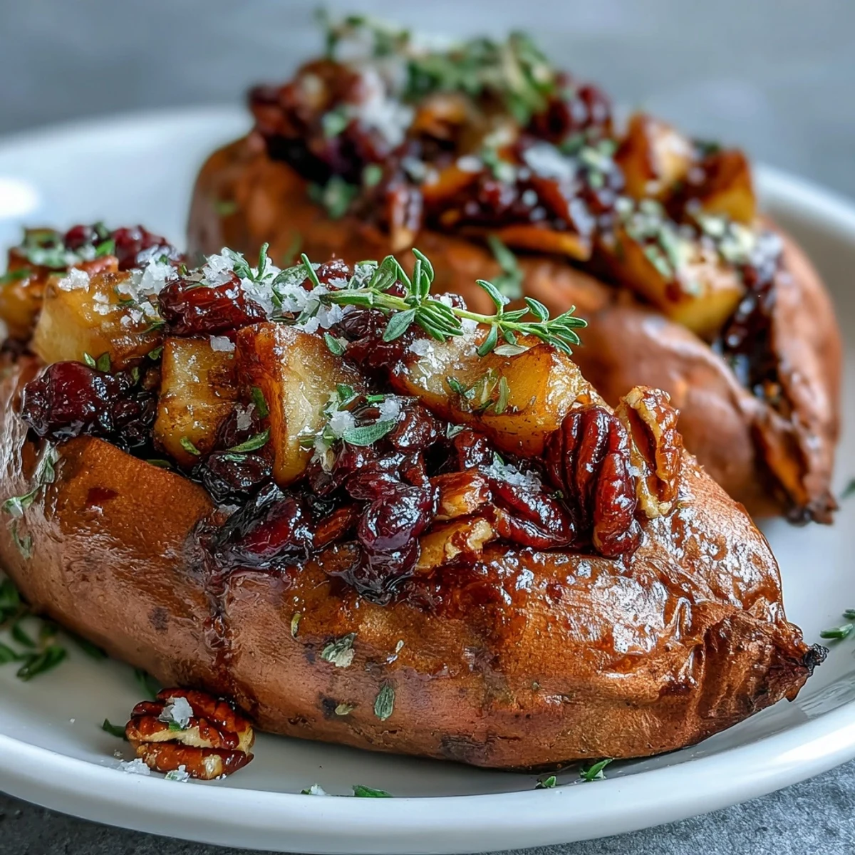 Freshly baked sweet potatoes stuffed with a sweet and tart apple cranberry pecan filling, ready to serve for a holiday meal.