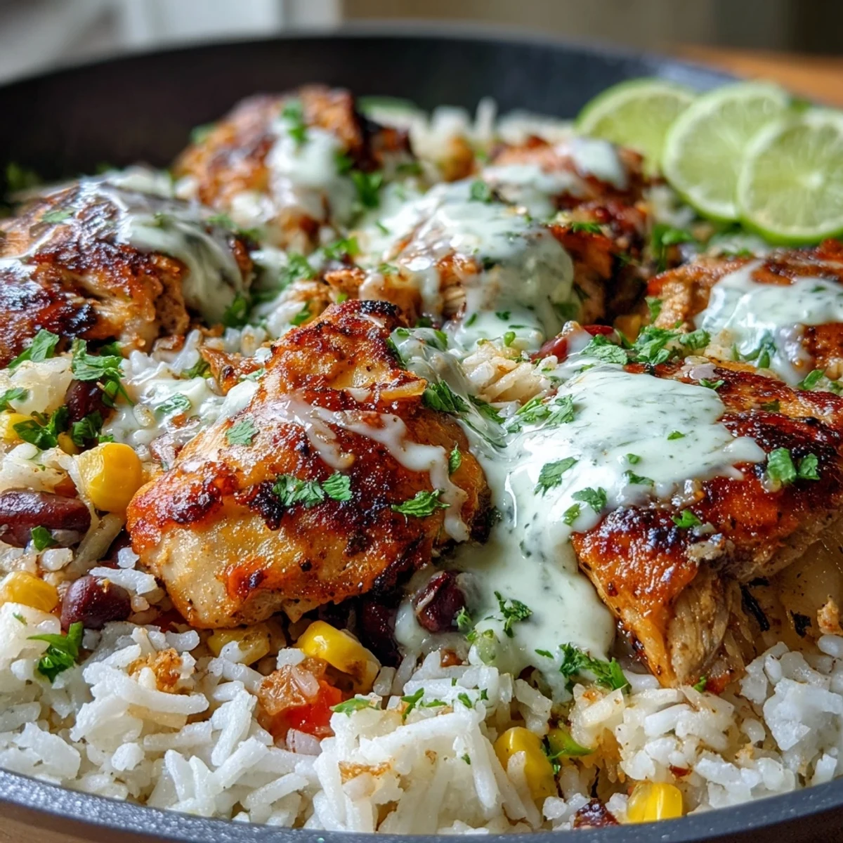 Golden-brown chicken breasts nestled in fluffy rice with corn and black beans, topped with melted queso blanco and fresh cilantro.