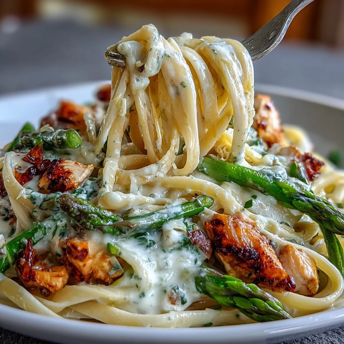 Close-up on a fork lifting creamy linguine with crispy roasted asparagus and juicy chicken, topped with fresh cracked black pepper.