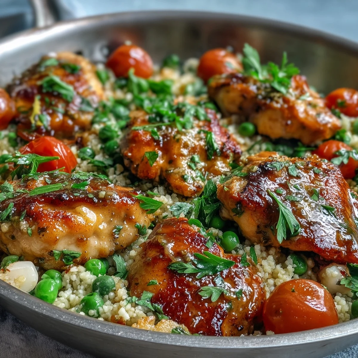 A fork lifts tender chicken from savory couscous soaked in garlic butter pan juices, served hot for dinner.