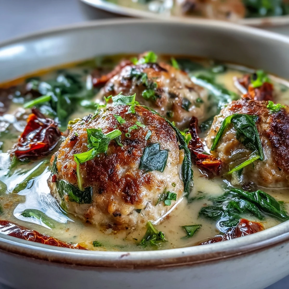 Creamy Tuscan Turkey Meatball Soup steaming in a white bowl, garnished with fresh basil and extra Parmesan cheese.