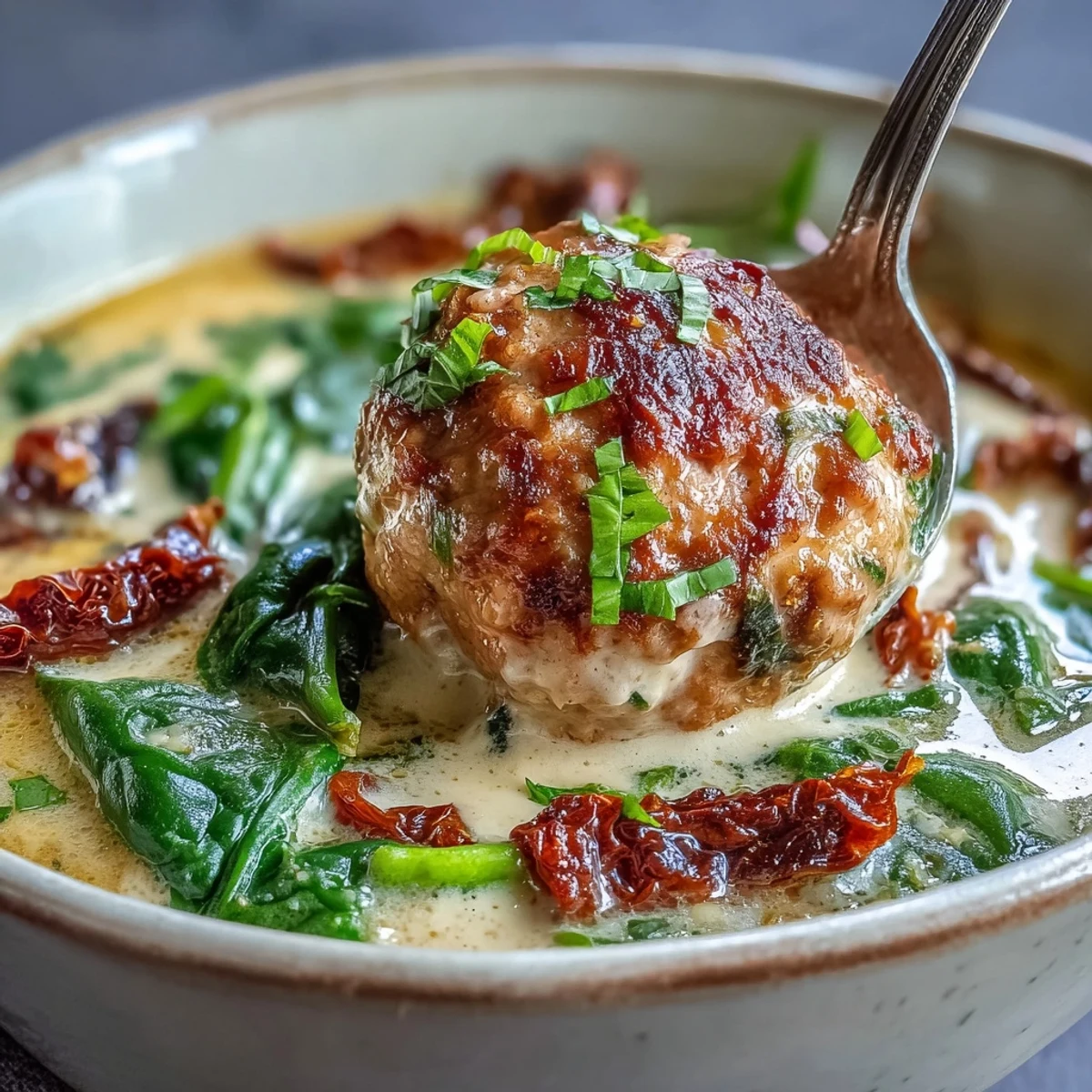 Tender turkey meatballs simmer in a garlic Parmesan broth with spinach and sun-dried tomatoes in this soup.