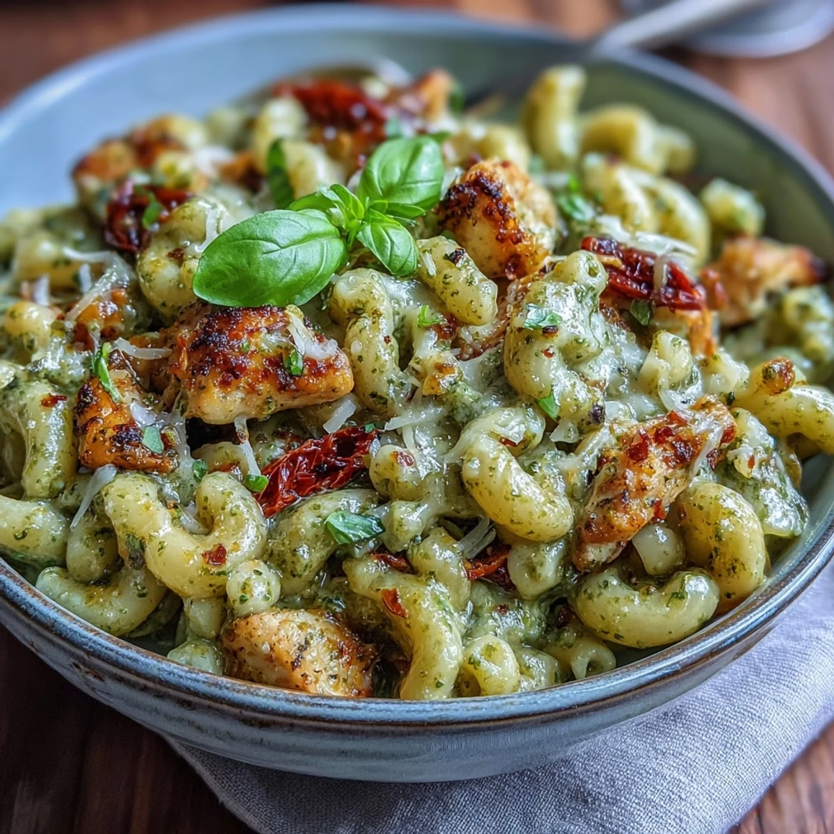 Steaming bowl of Pesto Chicken Chili Mac featuring tender chicken, elbow pasta, and melted mozzarella.