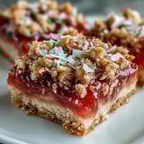Guava Jam Bars with Coconut Macadamia Oat Crumble cut on a wooden board with lime wedges.