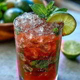 A chilled glass of Guava Mojito filled with crushed ice, fresh mint leaves, and a lime wheel garnish.  