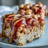 Frosted High-Protein PB&J Rice Krispie Bars show a jelly swirl and peanut butter drizzle on a clean white plate.