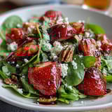 A colorful Spring Dinner Party salad with ripe strawberries, arugula, and creamy goat cheese, finished with balsamic glaze.  