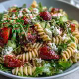 Fresh Spring Pasta Salad with Strawberries, Feta, and Arugula tossed in tangy balsamic dressing