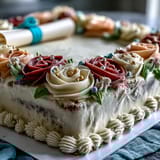 Festive sheet cake with buttercream roses and diploma, perfect for honoring graduates at a party or family gathering.  