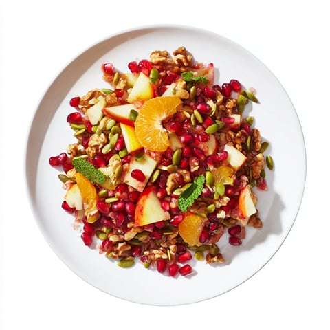 A vibrant Pomegranate and Walnut Salad with glistening pomegranate seeds, crisp diced apples, and chopped walnuts on a rustic wooden table.