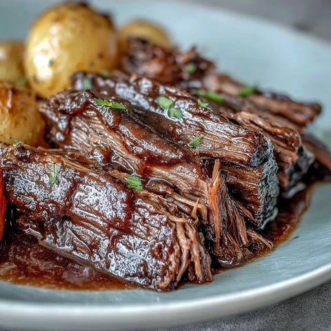 A hearty serving of Beef Pot Roast features tender shredded beef, glazed carrots, and baby potatoes covered in rich red wine gravy.