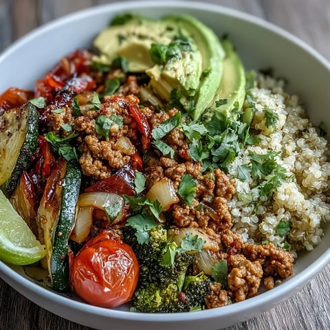 Ground Turkey Bowl featuring savory seasoned turkey, colorful roasted vegetables, and fluffy quinoa, topped with fresh cilantro and avocado.
