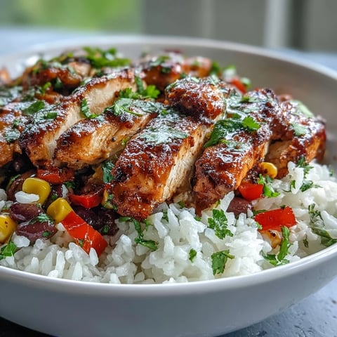 A vibrant Cajun Chicken Bowl features golden chicken, black beans, and sweet corn over fluffy rice, garnished with avocado and lime.