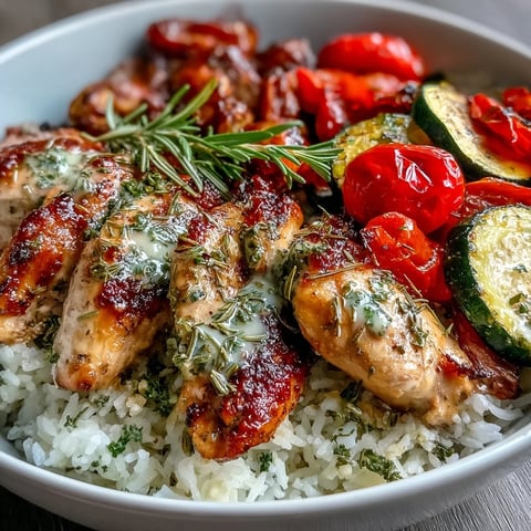 Freshly roasted chicken, vibrant veggies, and fluffy rice topped with a zesty Lemon Herb Roasted Chicken Bowl.