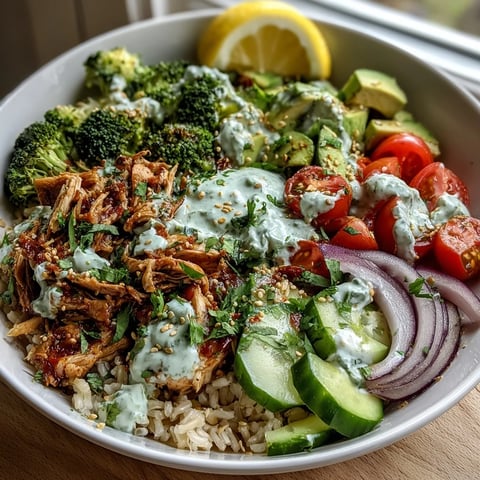 Colorful rotisserie chicken bowl with brown rice, avocado, tomatoes, and drizzled tzatziki sauce.
