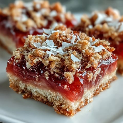 Guava Jam Bars with Coconut Macadamia Oat Crumble cut on a wooden board with lime wedges.