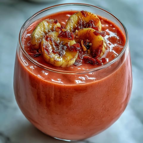 Creamy Guava Banana Smoothie in a tall glass, garnished with fresh banana slices and a vibrant guava wedge.