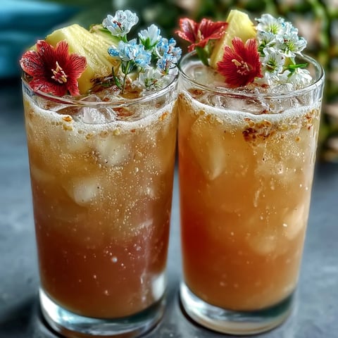 Iced Guava Passionfruit Drink with fresh pineapple and ginger in a tall glass with ice, garnished with edible flowers for a tropical Starbucks copycat treat.