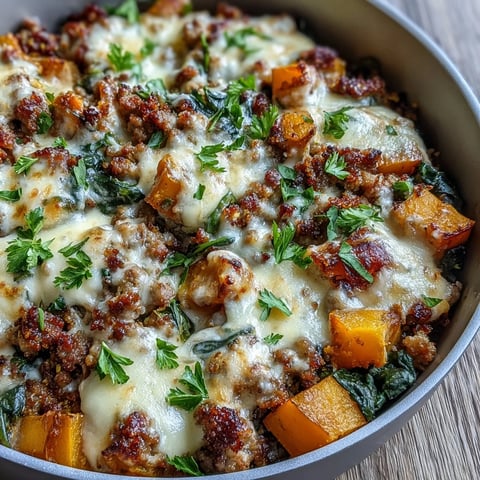 Golden-brown Cozy Butternut Squash & Sausage Casserole bubbling with melted mozzarella and Parmesan, served fresh from the oven.