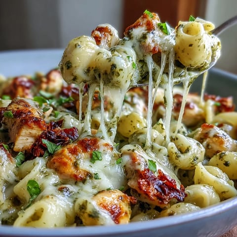 Steaming bowl of Pesto Chicken Chili Mac with melted mozzarella and chopped sun-dried tomatoes.