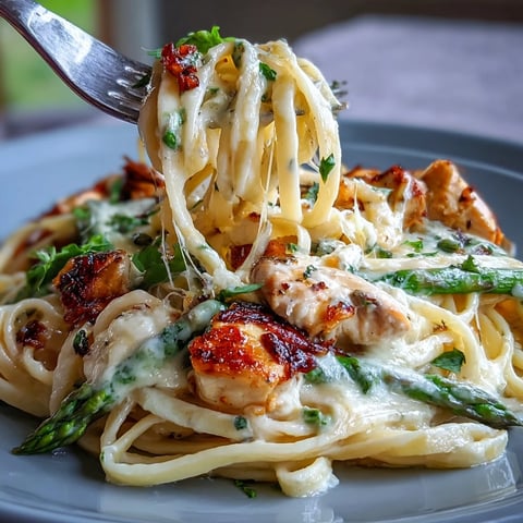 Golden roasted asparagus with Asiago cheese, tender chicken, and linguine coated in a creamy Asiago sauce, served in a white bowl.