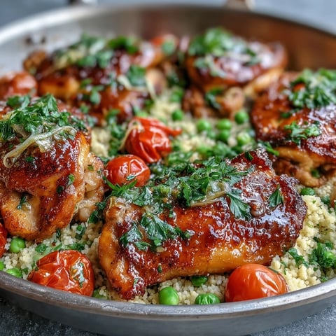 Golden seared chicken breast resting on fluffy couscous with bright red tomatoes and green peas in a white dish.