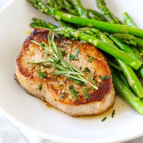 Juicy One-Pan Lemon Herb Pork Chops, surrounded by roasted asparagus, offering a zesty, delicious meal.