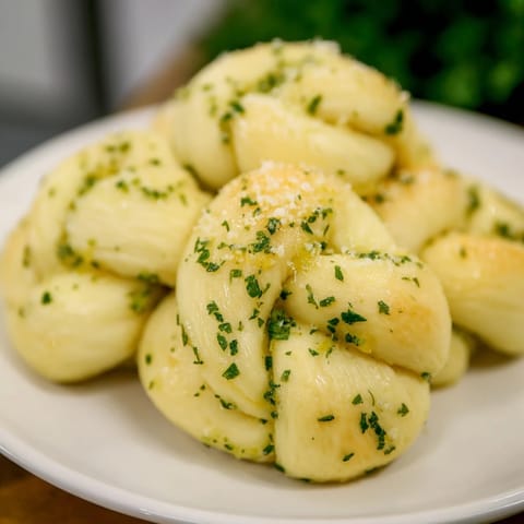 Warm, soft homemade garlic knots, ready to be enjoyed with family, smelling of garlic and herbs.