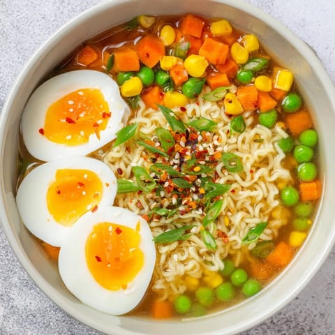 Vibrant Ramen Upgrade with Frozen Peas features tender noodles and bright green peas, ready to enjoy.