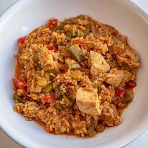 A colorful photo of the One-Pot Chicken and Rice, ready to serve with mixed vegetables for a family dinner.