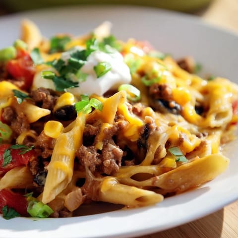 Close-up of a bubbling cheesy taco pasta, a family-friendly weeknight dinner option.