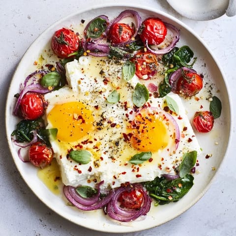 Savory baked feta eggs, ready to be enjoyed with fresh herbs and crusty bread, perfect breakfast idea.