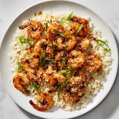 Beautifully plated ginger garlic shrimp bowls with fluffy cauliflower rice and savory soy drizzle.
