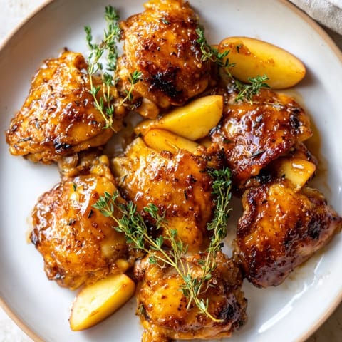 Savory and sweet Sticky Maple Apple Chicken, served with juicy apples and a rich, glossy glaze.