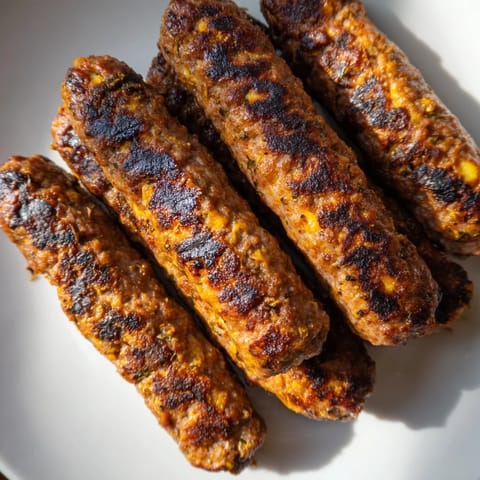 Close-up photo of sizzling, perfectly cooked Romanian mici, showing the delicious, seasoned meat texture.