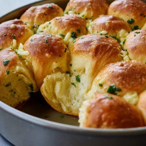 Warm, freshly baked Garlic Butter Bread Pull-Apart rolls are ready to be shared from the skillet, perfect for dipping in soup.