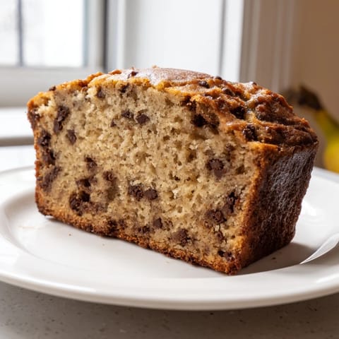 A slice of moist banana bread loaf studded with melty chocolate chips, perfect for breakfast or an afternoon snack.