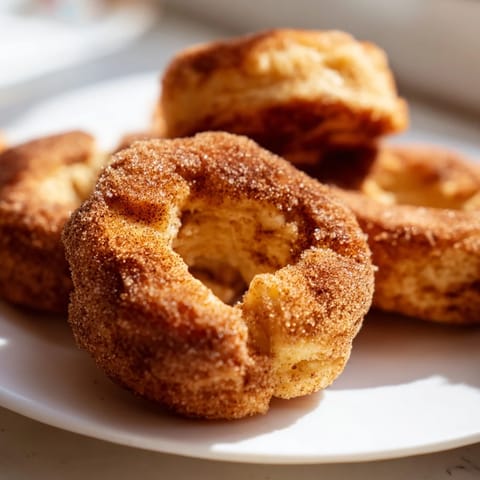 Warm, golden Air Fryer Cinnamon Sugar Donuts dusted generously with sweet spice and resting on a rustic wooden board.