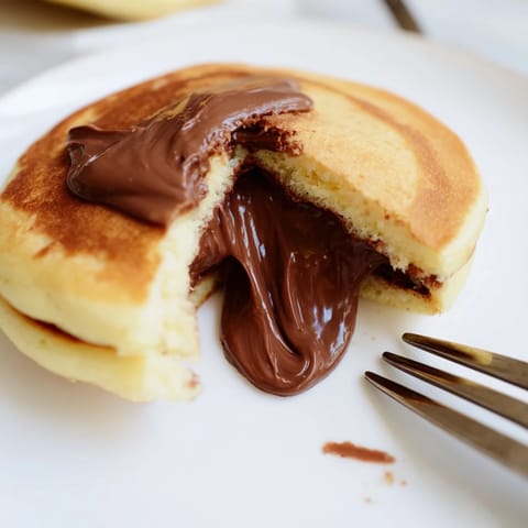 Freshly cooked Nutella stuffed pancakes stacked high, with a drizzle of extra chocolate and a dusting of powdered sugar.  