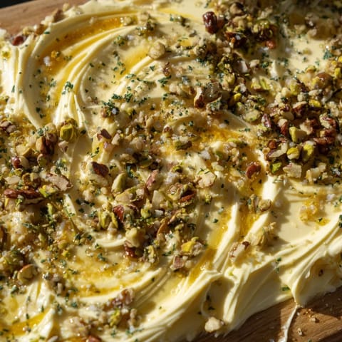 A close-up of a Flavored Butter Board Charcuterie, featuring creamy butter swirled with chopped pistachios, chives, and a honey drizzle.