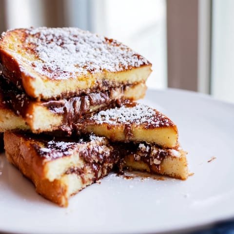 Thick slices of golden, pan-fried Nutella Brioche French toast dusted with powdered sugar and fresh berries.