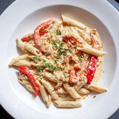 A close-up of Creamy Cajun Pasta, showcasing glossy sauce clinging to noodles, smoky paprika flecks, and charred bell pepper strips served warm with a side of crusty garlic bread.