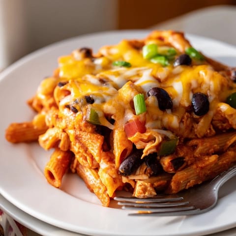 Close-up of Chicken Enchilada Pasta, revealing gooey cheddar and Monterey Jack cheese melting over tender pasta, chicken, and black beans with a sprinkle of cilantro.